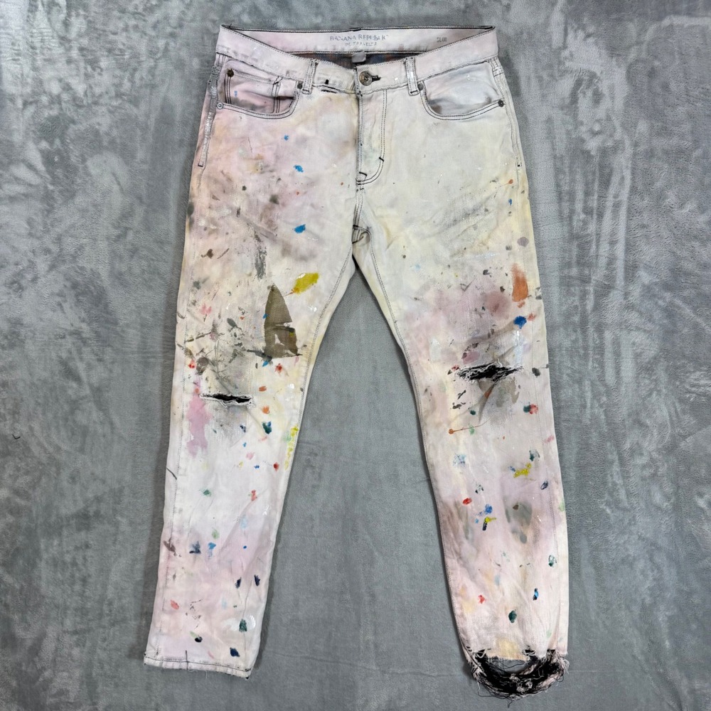 Banana Republic Traveler Slim Jeans Men's 31x30 White Paint Splatter Distressed